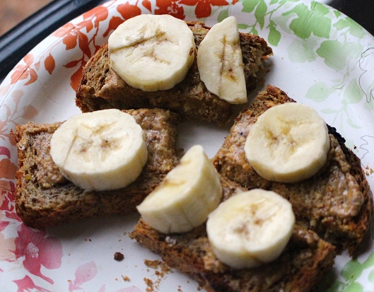 Take sprouted bread and toast and use 1 TB almond butter and four thin banana slices. Voila! (George loves this treat any time of the day.)